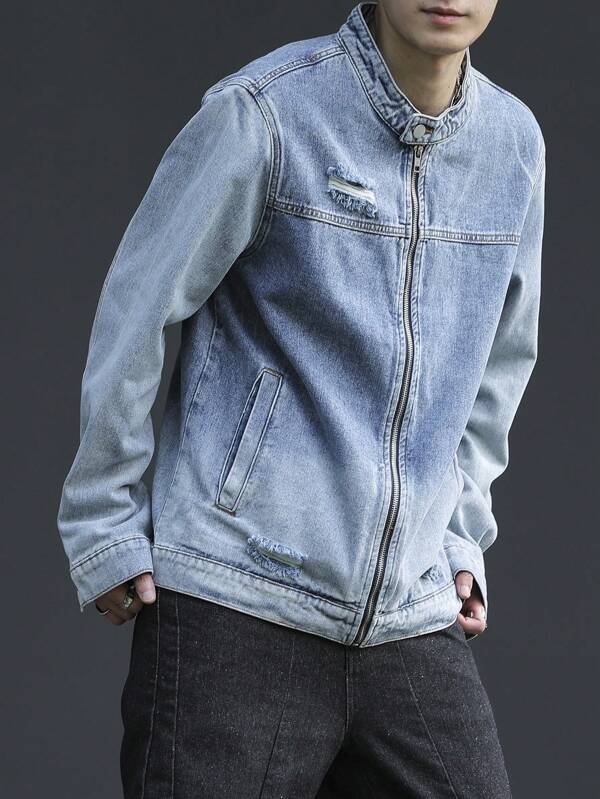 Manfinity EMRG Chaqueta de jean casual desgarrada con cremallera delantera para hombres de talla grande, otoño