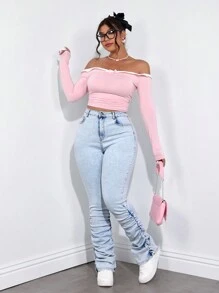 SHEIN ICON Plus Size Solid Color Pleated Pocket Casual Skinny Jeans