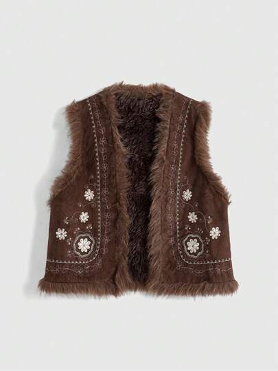 Hippie Veste femme vintage en suède doux à motif floral patchwork brodé