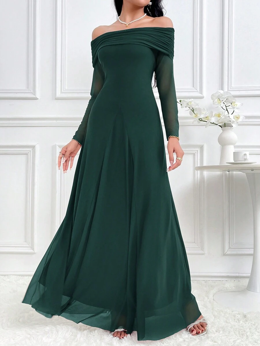 Modelyn Vestido largo de noche elegante con mangas largas, hombros descubiertos y empalme de malla de unicolor para mujer - Verde Oscuro - Ver 1
