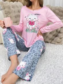 Conjunto de pijama de mujer con estampado de gato lindo, ropa de otoño e invierno - Multicolor - Ver 1