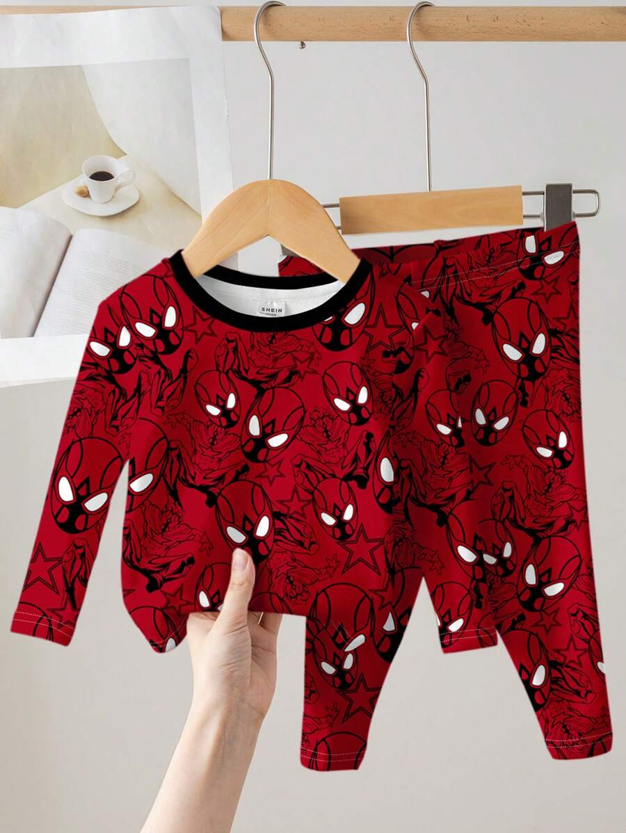 SHEIN Young Boy's Red Superhero Graphic Casual Tight-Fit Cozy Minimalist Thick Long Sleeve Crew Neck & Long Pants Loungewear Set, Suitable For Autumn/Winter