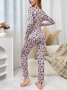 Leopard Print Sexy Women Pajama Jumpsuit - Pink - View 2