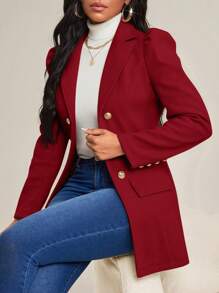 SHEIN Lady 秋冬复古音乐会/音乐节朴素工作办公室休闲优雅波西米亚风休闲郊游棕色编织翻领羊腿袖金色纽扣新品合身长袖女式大衣 - 酒紅色 - 查看 6