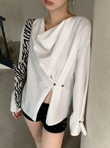 DAZY 1 pieza Blusa de mujer con cuello drapeado asimétrico y manga larga, con volantes - Blanco - Ver 2