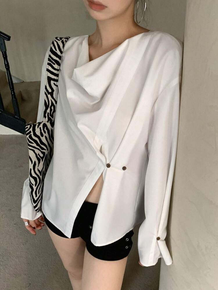 1pc Women's Asymmetric Draped Collar Long Sleeve Blouse,Ruffle