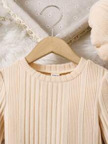 SHEIN Váy len cổ tròn tay dài thường ngày cho bé gái Nova Store kèm mũ phù hợp - Màu Khaki - Xem 4