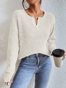 SHEIN Frenchy Notched Neck Drop Shoulder Collar Detail Sweater - White - View 5