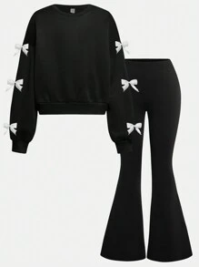 Girlism Teen Girl 2pcs/Set Black, Sweet Knitted Solid Color Knitted Sweatshirt, Bow Decoration, Loose Casual Round Neck Pull Over Bell And Bottoms