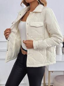 Chiquease 1 件女士纯色翻领纽扣前部保暖绗缝加厚外套，适合冬季服装