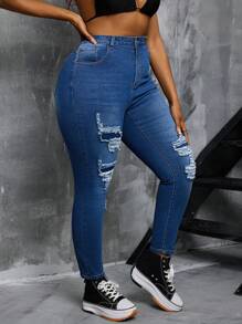 SHEIN SXY Pantalones vaqueros pitillo azules con parches desgastados y elásticos para mujer de talla grande, estilo casual de otoño/invierno - Azul - Ver 7