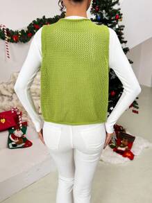 SHEIN Clasi 女士纯色圆领单排扣休闲毛衣背心，秋冬季圣诞节女装节日 - 綠色 - 查看 3