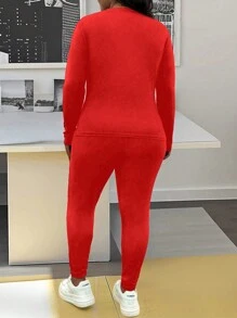 SHEIN LUNE Plus Size 2pcs Women Halloween Outfit, Long Sleeve Leisure Printed Shirt And Pants Set - Red - View 2