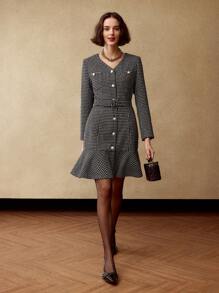 MOTF PREMIUM PLAID PATTERN RUFFLE HEM BUCKLE BELTED DRESS - Black and White - View 6