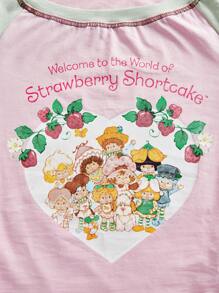 Strawberry Shortcake | ROMWE Women Casual Cute Cartoon Character & Slogan Print Raglan Sleeve Contrast Stitch Fitted T-Shirt, For Summer - Pink - View 2