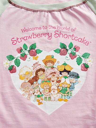 Women Casual Cute Cartoon Character & Slogan Print Raglan Sleeve Contrast Stitch Fitted T-Shirt, For Summer