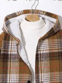 Tween Boy Casual Collegiate Thick Plaid Long Jacket, Suitable For Commuting, School, Daily Casual Outings, Sports, Autumn/Winter - Khaki - View 7