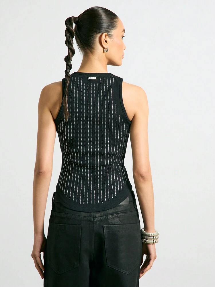 Hotfix Metallic Stripes Sleeveless Fitted Tank Top