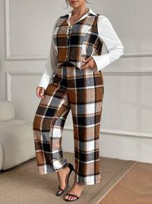 Calvaya Plus Size Plaid Brushed Vest Suit Set - Multicolor - View 3