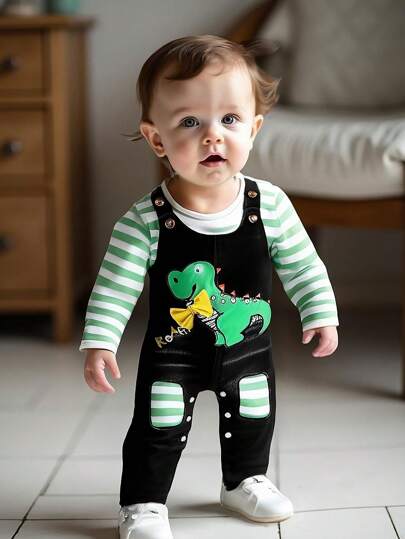 SHEIN 2pcs Baby/Toddler Set, Stripe Long Sleeve Tee Shirt & Cute Dinosaur Suspender Pants, Suitable For Home & Camping, Autumn