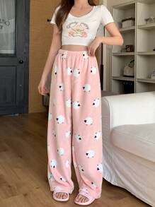 DAZY 可爱动物图案加厚法兰绒宽松蓬松裤，秋冬皆宜，舒适保暖 - 粉色 - 查看 4