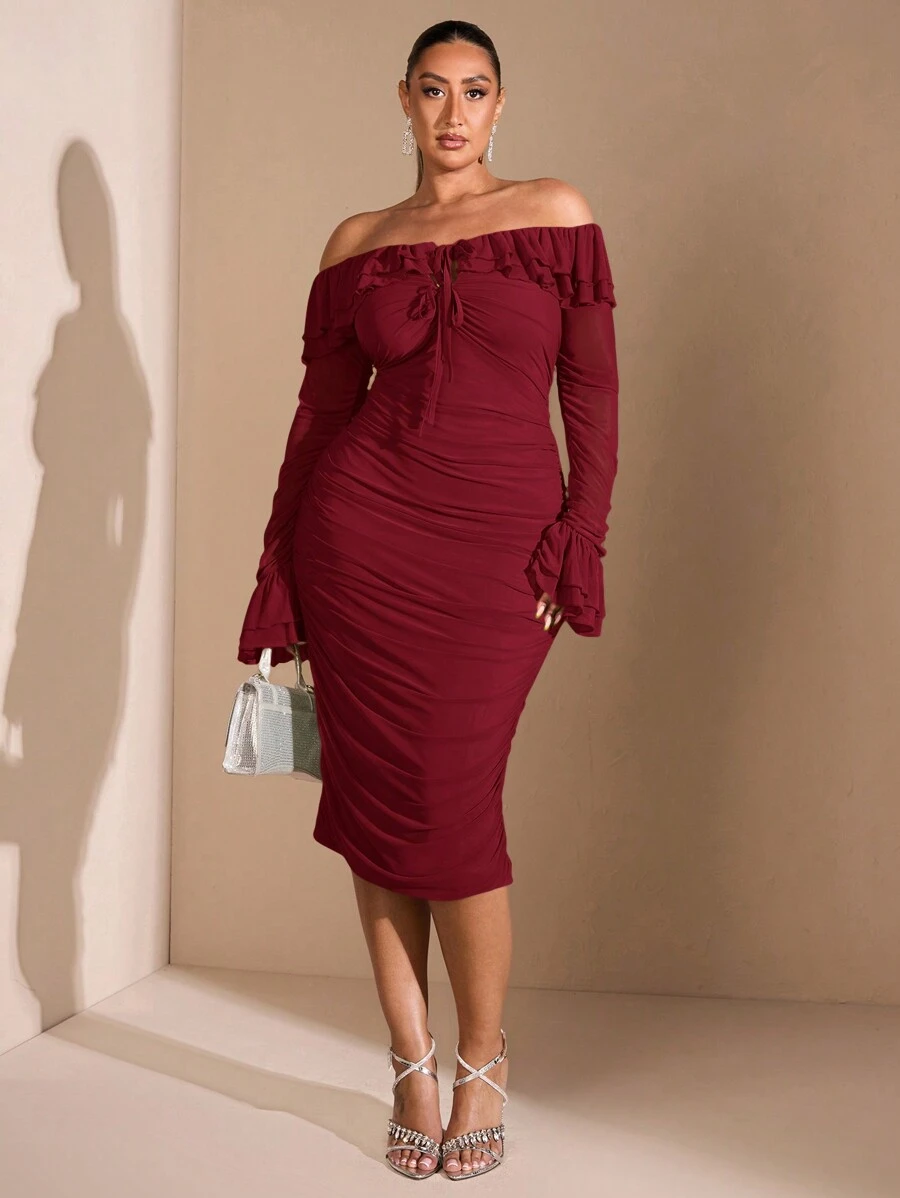 SHEIN BAE 大码秋季甜美性感优雅女士红色露肩荷叶边褶皱长袖中长连衣裙派对礼服婚礼宾客礼服甜美连衣裙性感女装秋季性感优雅女装 - 酒紅色 - 查看 1