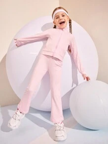 SHEIN 2 件套年轻女孩运动装，包括弹力拉链夹克和高腰喇叭裤瑜伽/网球/羽毛球运动裤，适合户外活动和日常锻炼 - 粉色 - 查看 5