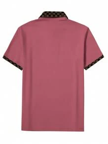 Manfinity Homme 男士秋季休闲格纹拼布字母刺绣 Polo 衫 - 珊瑚粉 - 查看 2
