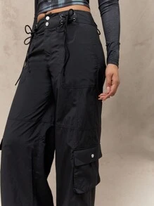 MISSGUIDED 高腰工装裤阔腿系带腰街头风战斗实用裤节日狂欢裤全季时尚个性口袋 - 黑色 - 查看 3