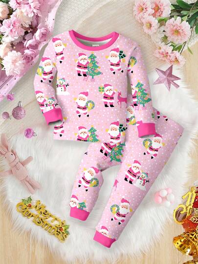 SHEIN Pijama de ajuste ceñido de manga larga con elementos gráficos navideños, cómodo y casual, para niña bebé en otoño/invierno