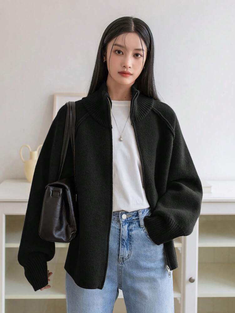 Women's Minimalist Fashion High Collar Zipper Warm Cardigan Old Money Style,Fall Women Clothes Business Casual Woman Work Clothes Jacket