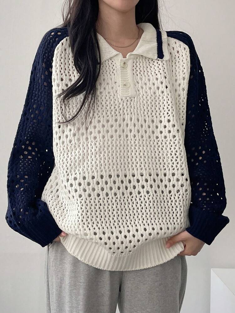 Women Patchwork Color Block Hollow Out Front Button Casual Sweater Fall