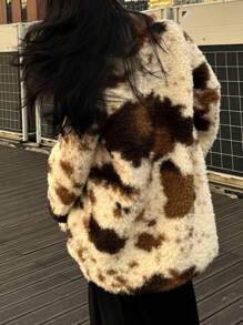 Calvaya Plus Size Fluffy Long Sleeve Mid-Length Coat With Sheep Pattern - Multicolor - View 2