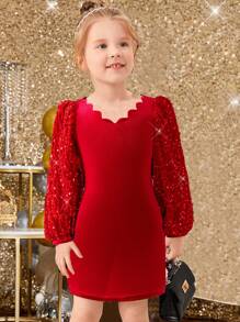 SHEIN Đầm nhung dự tiệc công chúa tay bồng cổ bèo nhún đính ngọc trai và sequin sang trọng thanh lịch cho bé gái và bé gái, thích hợp cho dịp Giáng sinh - Đỏ - Xem 8