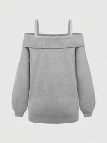 ROMWE Goth Suéter holgado con abertura en los hombros y patrón jacquard de gatos en talla grande en color gris