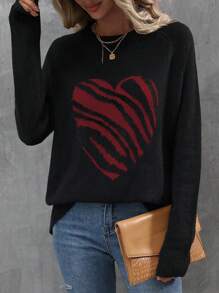 SHEIN LUNE 心形条纹图案长袖复古休闲女式毛衣，秋冬 - 彩色 - 查看 3