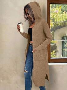 SHEIN LUNE Áo nỉ trùm đầu thường ngày có túi dành cho nữ, mặc hàng ngày - Màu Khaki - Xem 1