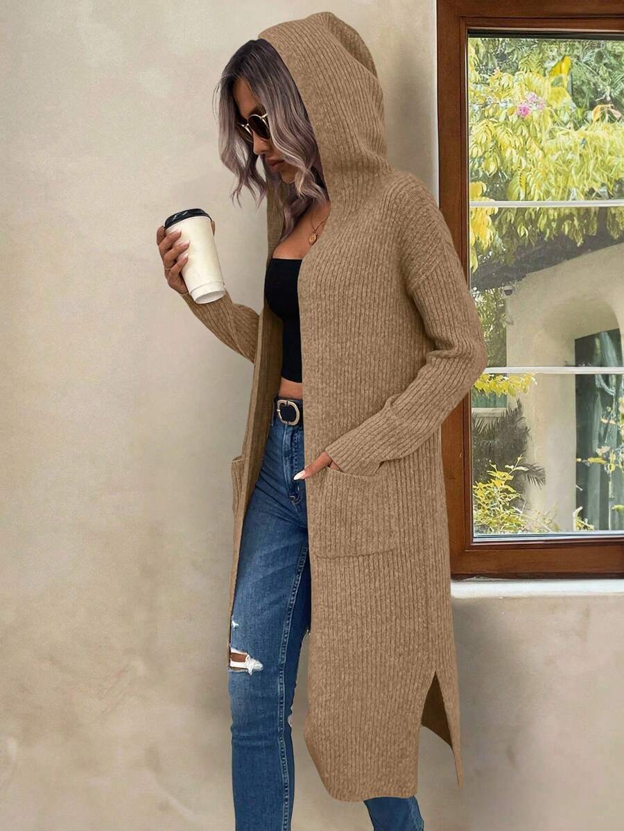 SHEIN LUNE Áo nỉ trùm đầu thường ngày có túi dành cho nữ, mặc hàng ngày - Màu Khaki - Xem 1