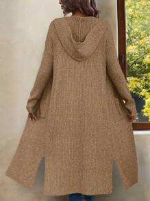 SHEIN LUNE Áo nỉ trùm đầu thường ngày có túi dành cho nữ, mặc hàng ngày - Màu Khaki - Xem 2