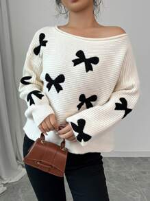 Chiquease Áo len nữ tay dài cổ tròn dáng rộng thêu nơ, thích hợp mùa thu/đông, kiểu áo chui đầu. - Màu be - Xem 3