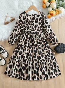 SHEIN Elladie kids 年轻女孩豹纹灯笼袖休闲连衣裙，秋季猎豹连衣裙猎豹印花连衣裙 - 咖啡 - 查看 2