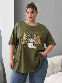 SHEIN CURVE+ Plus Size Christmas T-Shirt With Christmas Tree And Snowman Print, For Autumn/Winter