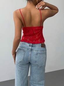 Aloruh Women's Red Lace Cami Top Sexy Camisole Top Solid Color Hollow Lace Slim Camisole