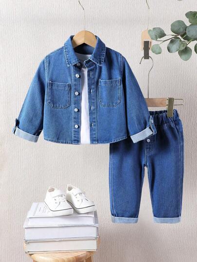 SHEIN Playful Pals Baby Boys Casual Washed Denim All-Match Clothing Set, Fashionable For Autumn/Winter