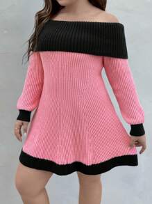 Calvaya Áo len dệt kim dáng rộng, thanh lịch, hở vai, phối màu tương phản, thích hợp cho mùa Thu/Đông. - Hồng - Xem 5