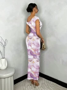 SHEIN BAE Váy ôm vừa vặn không đối xứng xếp nếp vai chéo họa tiết đá cẩm thạch giản dị dành cho nữ, mùa xuân và mùa thu - Màu tím hoa cà - Xem 2