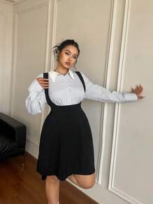 Flirla Plus Size Women 2pcs/Set Striped Patchwork Collar Blouse + Suspender Adjustable Waist Midi Dress, Autumn - Multicolor - View 6