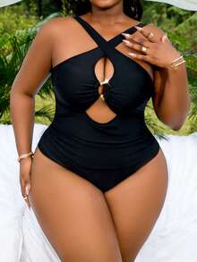 SHEIN Slayr CURVE 大码女式性感交叉露背吊带连体泳衣夏季 - 黑色 - 查看 6
