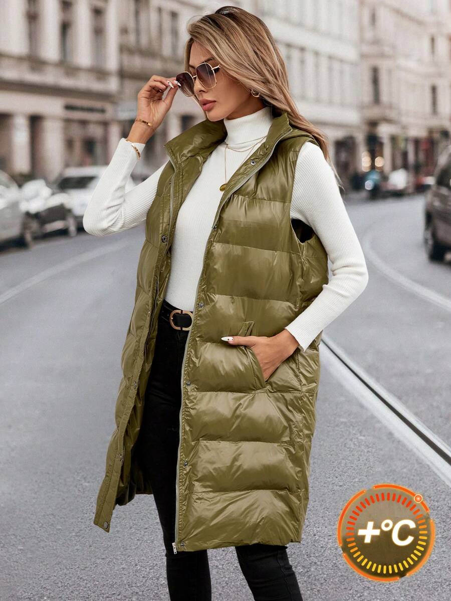 SHEIN Clasi 1 chiếc áo khoác dài vừa phải có mũ trùm đầu màu xanh lá cây dành cho nữ - màu xanh lá - Xem 1