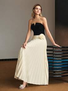 MOTF PREMIUM TWO TONE VELVET BODICE STEREO FLOWER PLEATED HEM TUBE LONG DRESS - Multicolor - View 6